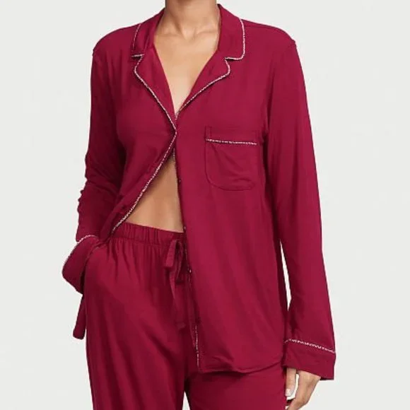 VS XS Regular 30" Inseam Modal PJ Set Red with Leopard Piping NWT - Picture 5 of 16